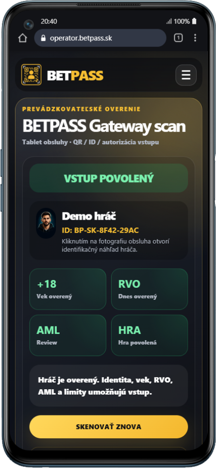 Mobilná ukážka BETPASS pre prevádzkovateľa
